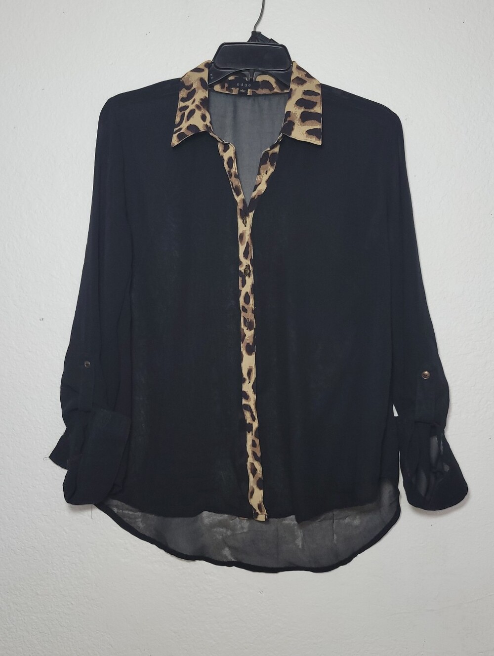 edge Black Sheer Button-Down Blouse with Leopard-Print Trim